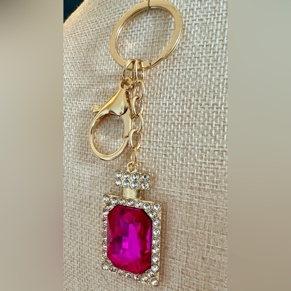 Fuchsia and Gold Perfume Bottle Rhinestone Bag Charm Keychain